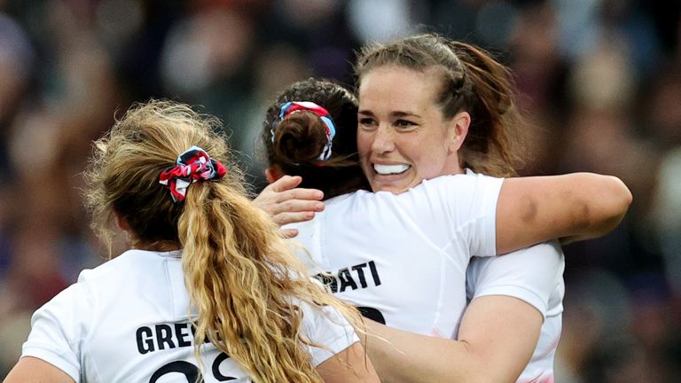 Maddie Feaunati of England celebrates victory with teammate Emily Scarratt after defeating France during the Guinness Women&#39;s Six Nations 2024 match between France and England at Stade Chaban-Delmas on April 27, 2024 in Bordeaux, France. 