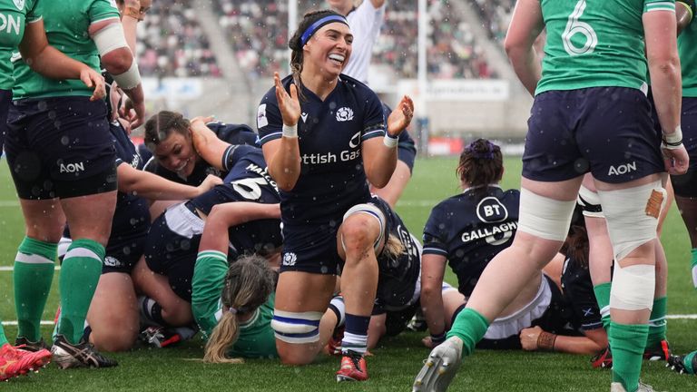 Emma Wassell celebrates Elis Martin&#39;s try in Scotland&#39;s Women&#39;s Six Nations clash with Ireland