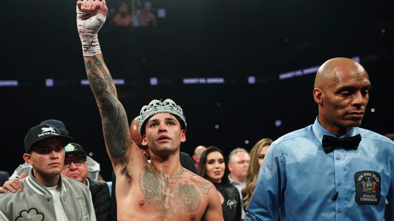 Ryan Garcia celebrates defeating Devan Haney by majority decision