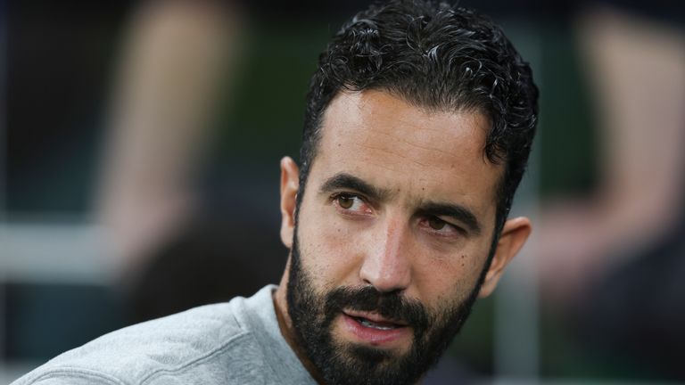 Sporting's head coach Ruben Amorim watches his players warm up ahead of the Champions League group D soccer match between Tottenham Hotspur and Sporting CP at Tottenham Hotspur Stadium in London, Wednesday, Oct. 26, 2022. (AP Photo/Ian Walton)