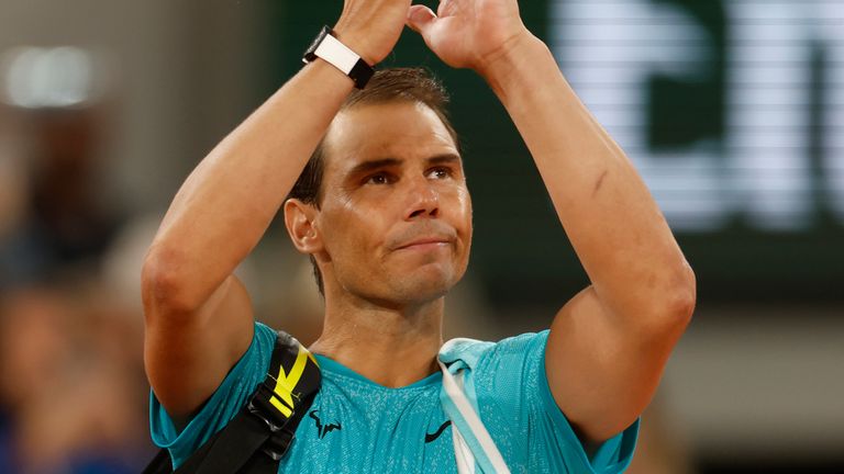 Spain&#39;s Rafael Nadal waves as he leaves the court after losing against Germany&#39;s Alexander Zverev during their first round match of the French Open tennis tournament at the Roland Garros stadium in Paris, Monday, May 27, 2024. (AP Photo/Jean-Francois Badias)