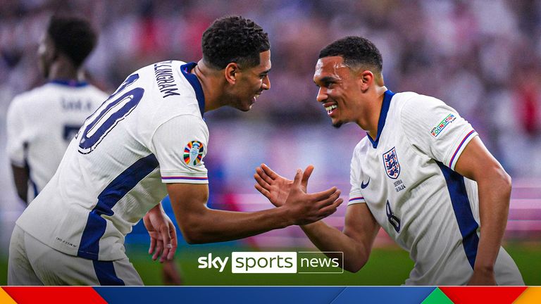 England's Jude Bellingham, left, celebrates with England's Trent Alexander-Arnold