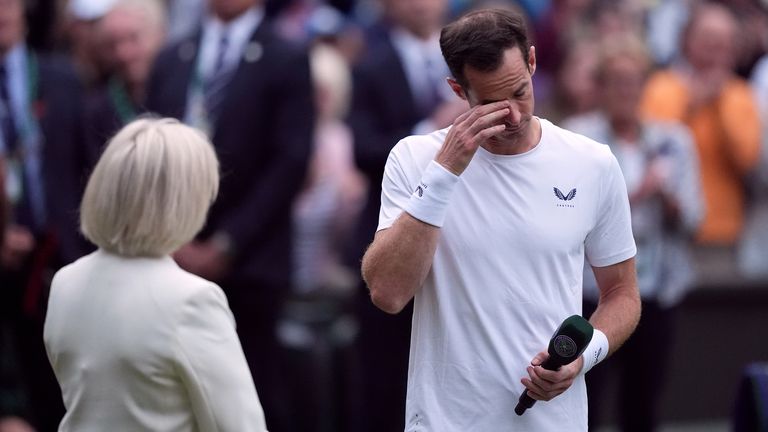 Andy Murray and Sue Barker after his gentlemen&#39;s doubles match on day four of the 2024 Wimbledon Championships at the All England Lawn Tennis and Croquet Club, London. Picture date: Thursday July 4, 2024.