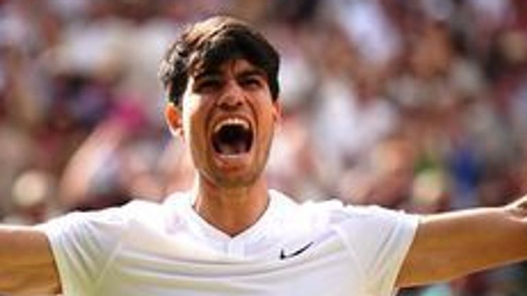 Carlos Alcaraz celebrates victory against Novak Djokovic (not pictured) in the Gentlemen&#39;s Singles Final on day fourteen of the 2024 Wimbledon Championships at the All England Lawn Tennis and Croquet Club, London. Picture date: Sunday July 14, 2024.