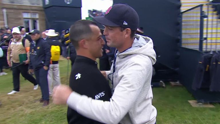 Open winner Xander Schauffele (left) is embraced by 2025 USA Ryder Cup captain Keegan Bradley