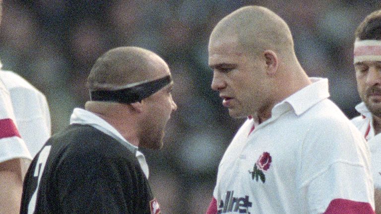 Richard Cockerill of England confronts Norm Hewitt of New Zealand during the Haka 