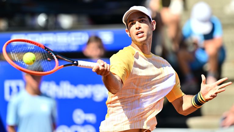 Portugal&#39;s Nuno Borges returns the ball to Spain&#39;s Rafael Nadal during the singles final of the Nordea Open tennis tournament in Bastad, Sweden, Sunday, July 21, 2024. (Bjoern Larsson Rosvall/TT News Agency via AP)