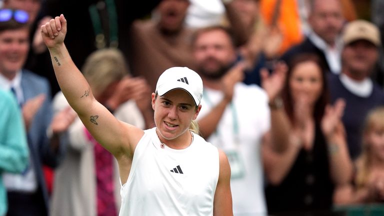 Sonay Kartal celebrates following her victory against Sorana Cirstea  on day one of Wimbledon