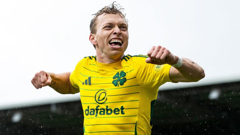 Alistair Johnston celebrates after scoring Celtic&#39;s third goal at St Mirren