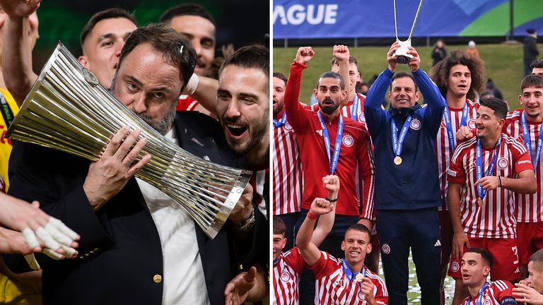 Evangelos Marinakis celebrates with the Europa Conference League trophy, Sotiris Silaidopouplos lifts the UEFA Youth League trophy