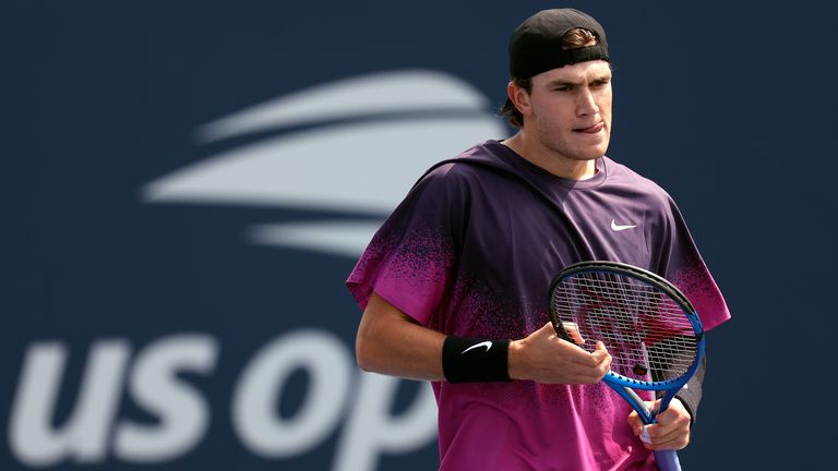 Jack Draper of Great Britain looks on against Zhizhen Zhang of China during their Men&#39;s Singles First Round match on Day Two of the 2024 US Open at the USTA Billie Jean King National Tennis Center on August 27, 2024 in the Flushing neighborhood of the Queens borough of New York City. (Photo by Jamie Squire/Getty Images)