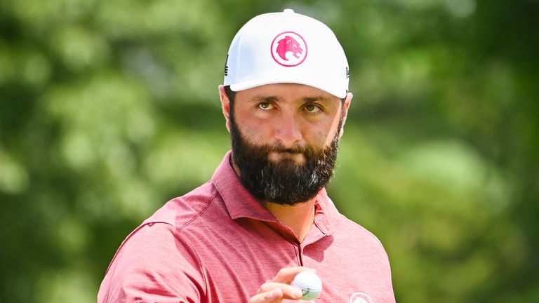 WHITE SULPHUR SPRINGS, WV - AUGUST 17: Legion XIII GC's Jon Rahm on the 11th green during the second round of LIV Golf Greenbrier tournament at The Greenbrier Resort on August 17, 2024, in White Sulphur Springs, WV. (Photo by Brian Bishop/Icon Sportswire) (Icon Sportswire via AP Images)