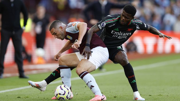 John McGinn and Thomas Partey battle for the ball