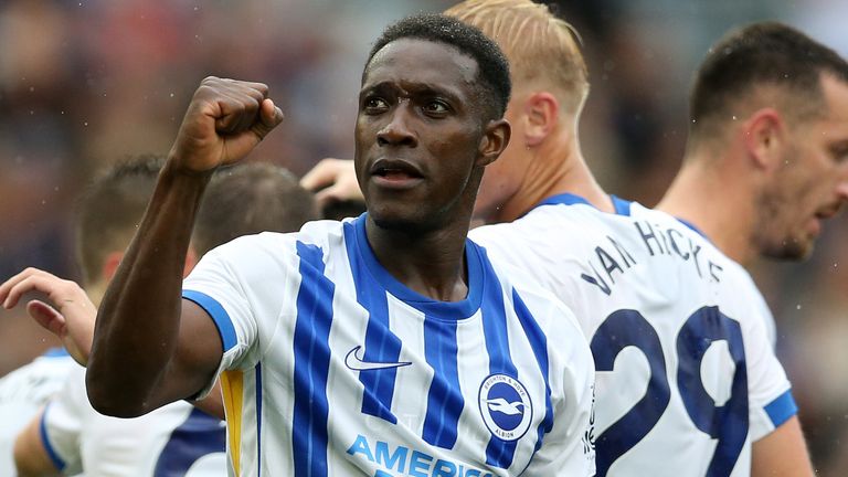 Danny Welbeck celebrates after giving Brighton a first-half lead against Manchester United