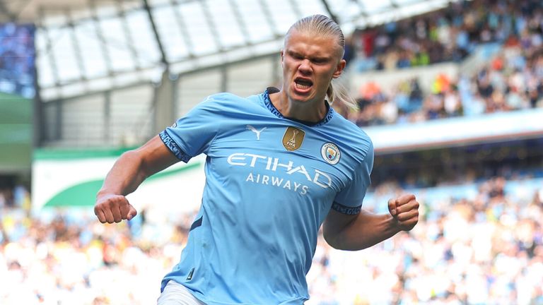 Erling Haaland celebrates after equalising from the penalty spot against Ipswich