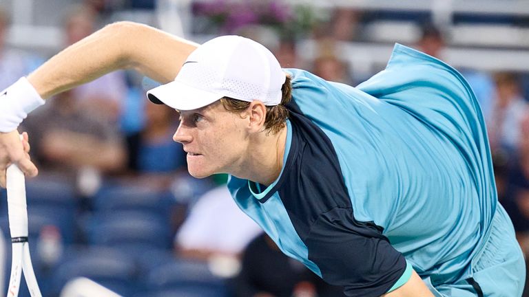 CINCINNATI, OH - AUGUST 18: Jannik Sinner of Italy hits a serve against Alexander Zverev of Germany during the semifinal round of the Cincinnati Open at the Lindner Family Tennis Center on August 18, 2024 in Mason, OH. (Photo by Shelley Lipton/Icon Sportswire) (Icon Sportswire via AP Images)