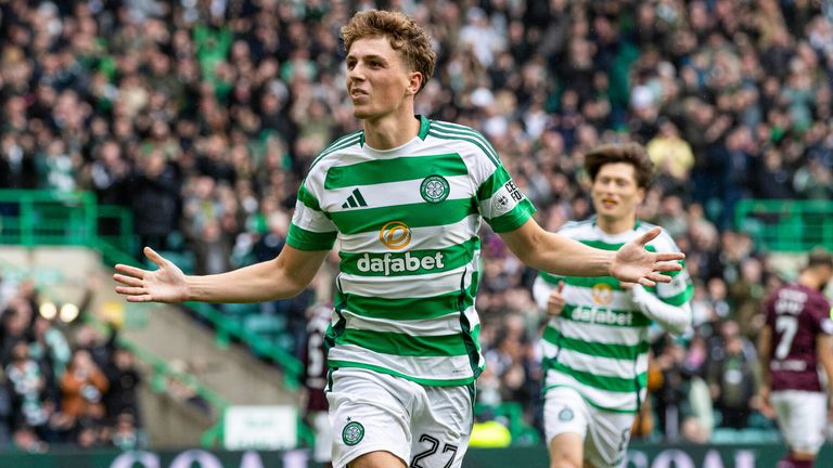 Celtic&#39;s Arne Engels celebrates his first goal