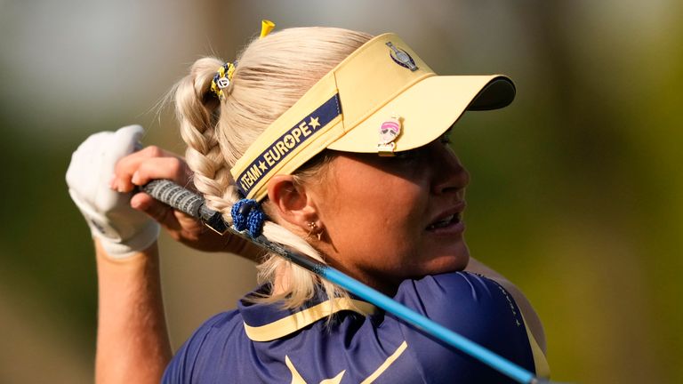 Europe&#39;s Charley Hull hits from the second tee during a Solheim Cup golf tournament singles match at the Robert Trent Jones Golf Club, Sunday, Sept. 15, 2024, in Gainesville, VA. (AP Photo/Matt York)