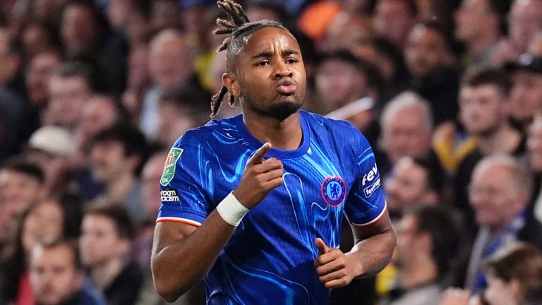 Chelsea's Christopher Nkunku celebrates scoring his second goal against Barrow