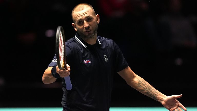 Great Britain&#39;s Dan Evans reacts during the Davis Cup group stage finals match at the AO Arena in Manchester (PA Images)