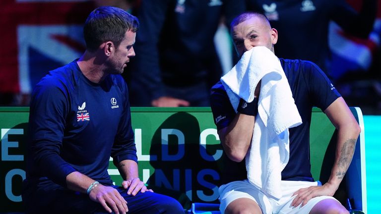 Great Britain&#39;s Dan Evans with captain Leon Smith (left) during the Davis Cup group stage finals match at the AO Arena in Manchester  (PA Images)