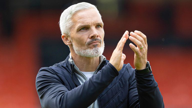 DUNDEE, SCOTLAND - AUGUST 18: Dundee United manager Jim Goodwin at full time during a Premier Sports Cup last sixteen match between Dundee United and St Mirren at the CalForth Construction Arena at Tannadice Park, on August 18, 2024, in Dundee, Scotland. (Photo by Ross Parker / SNS Group)