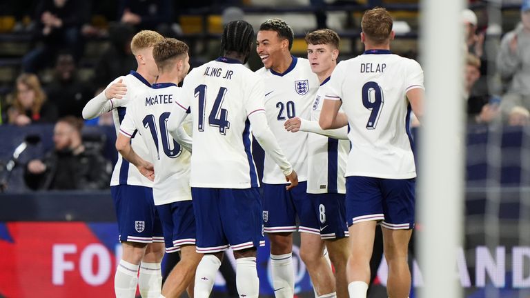 England celebrate Morgan Rogers&#39; goal