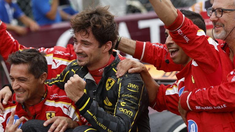 AUTODROMO NAZIONALE MONZA, ITALY - SEPTEMBER 01: Charles Leclerc, Scuderia Ferrari, 1st position, celebrates with his team in Parc Ferme during the Italian GP at Autodromo Nazionale Monza on Sunday September 01, 2024 in Monza, Italy. (Photo by Steven Tee / LAT Images)