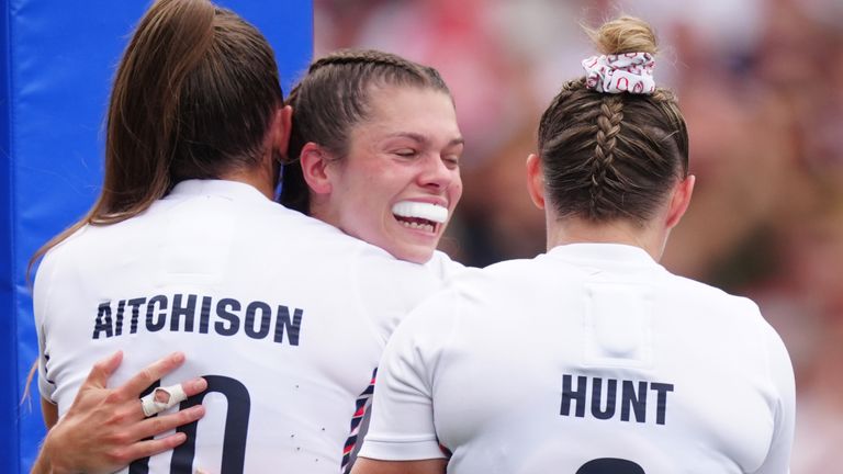 England&#39;s Helena Rowland scores their third try during the Women&#39;s International match at Kingsholm Stadium, Gloucester. Picture date: Saturday September 7, 2024. 