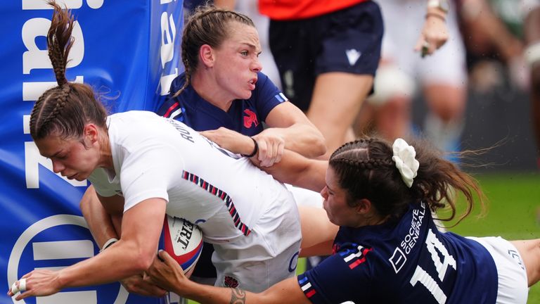 England&#39;s Helena Rowland scores their third try during the Women&#39;s International match at Kingsholm Stadium, Gloucester. Picture date: Saturday September 7, 2024.