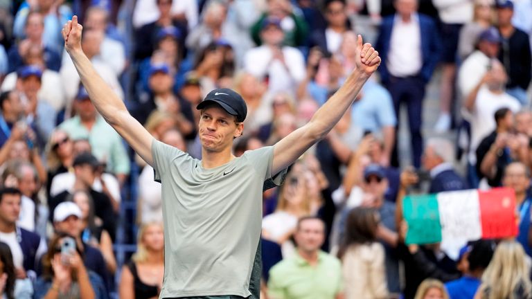 Jannik Sinner, of Italy, reacts after defeating Taylor Fritz, of the United States, to win the men&#39;s singles final of the U.S. Open tennis championships, Sunday, Sept. 8, 2024, in New York. (AP Photo/Kirsty Wigglesworth)