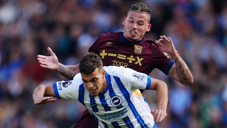 Ipswich Town&#39;s Kalvin Phillips (top) and Brighton&#39;s Yasin Ayari in action