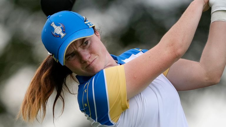 Europe&#39;s Leona Maguire hits from the 12th tee during a Solheim Cup golf tournament fourball match at Robert Trent Jones Golf Club, Friday, Sept. 13, 2024, in Gainesville, Va. (AP Photo/Matt York)