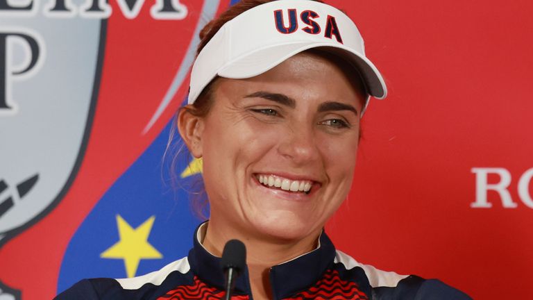 GAINESVILLE, VA - SEPTEMBER 11: Team USA golfer sLauren Coughlin and Lexi Thompson laugh during a press conference during the 2nd practice day for the 2024 Solheim Cup on September 11, 2024, at the Robert Trent Jones Golf Club in Gainesville, Virginia. Photo by Brian Spurlock/Icon Sportswire) (Icon Sportswire via AP Images)