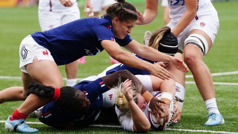 England&#39;s Marlie Packer scores their first try during the Women&#39;s International match at Kingsholm Stadium, Gloucester. Picture date: Saturday September 7, 2024.