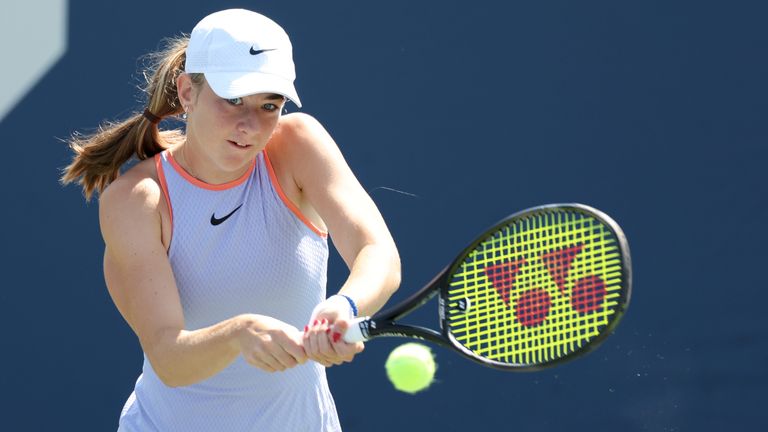 Mika Stojsavljevic of Great Britain returns a shot against Emerson Jones of Australia during their Junior Girls&#39; Singles Third Round match on Day Ten of the 2024 US Open at USTA Billie Jean King National Tennis Center on September 04, 2024 in the Flushing neighborhood of the Queens borough of New York City. (Photo by Jamie Squire/Getty Images)