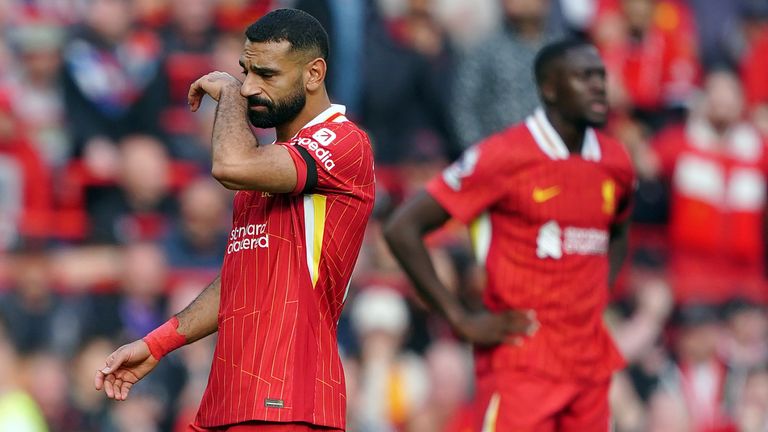 Liverpool&#39;s Mohamed Salah looks dejected after they concede