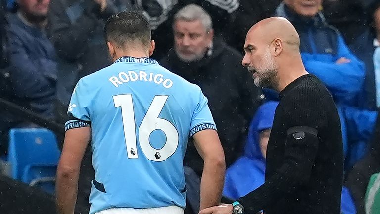 Rodri leaves the field after suffering an injury during Man City's Premier League clash with Arsenal