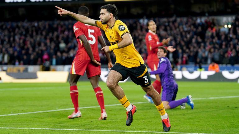 Rayan Ait-Nouri celebrates his second-half equaliser for Wolves