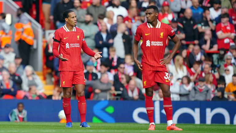 Liverpool&#39;s Virgil van Dijk and Ryan Gravenberch look on in disbelief after Nottingham Forest take a 1-0 lead