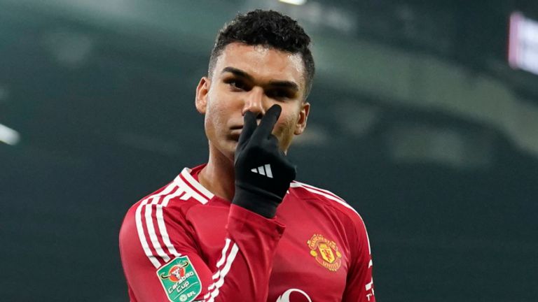 Casemiro celebrates after scoring his Man Utd's fourth goal (AP Photo/Dave Thompson)