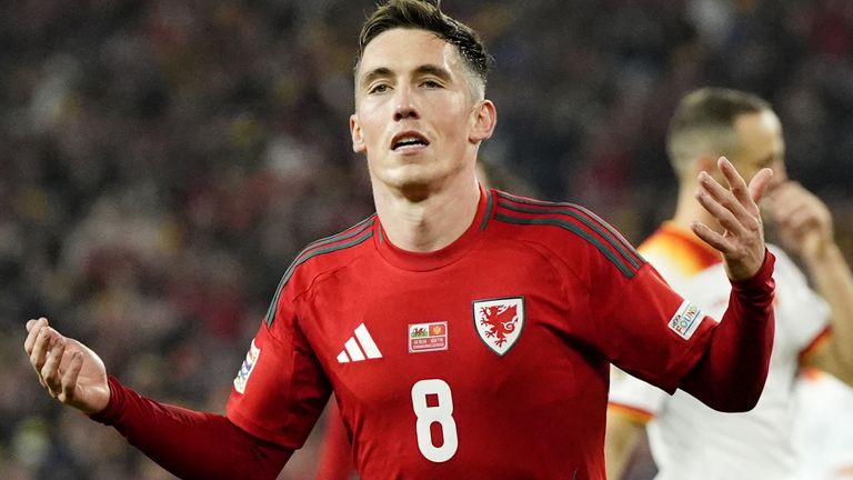 Harry Wilson celebrates scoring from the penalty spot to put Wales 1-0 up against Montenegro