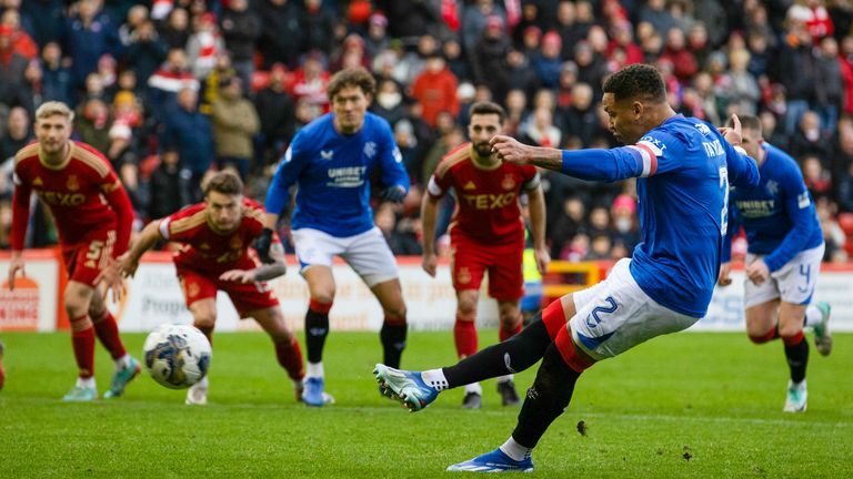 Rangers' James Tavernier scores a penalty to make it 1-1 during a cinch Premiership match between Aberdeen and Rangers at Pittodrie Stadium, on November 26, 2023, in Aberdeen, Scotland. (Photo by Craig Williamson / SNS Group)