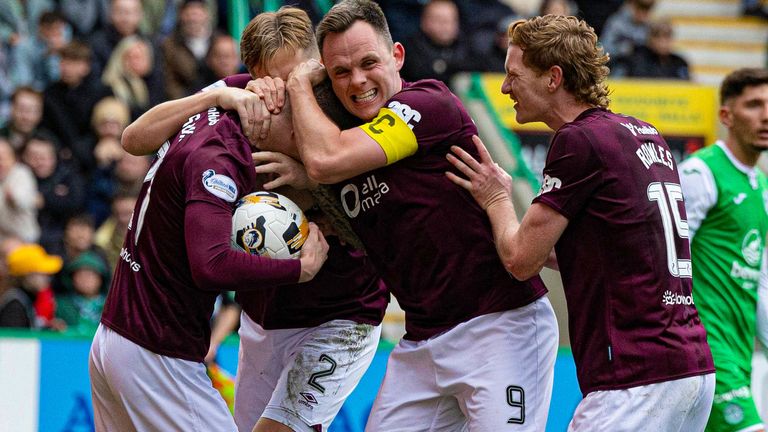 Hearts' James Wilson (L) celebrates scoring to make it 1-1 with Lawrence Shankland