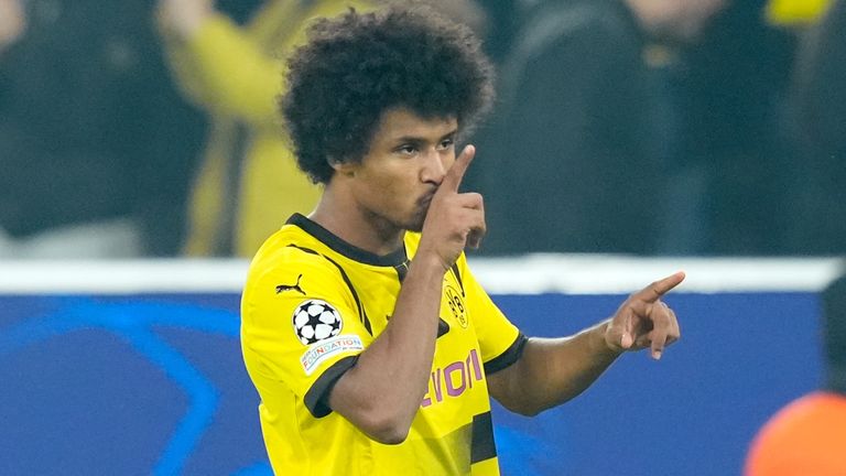 Karim Adeyemi of Borussia Dortmund celebrates 2-1 during the UEFA Champions League match between Borussia Dortmund v Celtic at the Signal Iduna Park