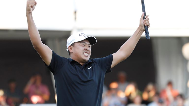 Kevin Yu, of Taiwan, birdied the first playoff hole to defeat Beau Hossler and win his first title at the 2024 Sanderson Farms Championship at the Country Club of Jackson on Sunday, Oct. 06, 2024, in Jackson, Miss. (AP Photo/Sarah Warnock)