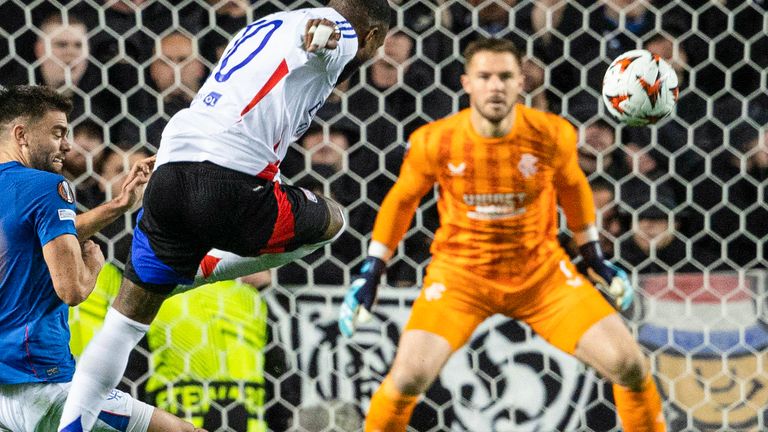 GLASGOW, SCOTLAND - OCTOBER 03: Lyon's Alexandre Lacazette scores to make it 3-1 during a UEFA Europa League Matchday Two League Phase match between Rangers and Olympique Lyonnais at Ibrox Stadium, on October 03, 2024, in Glasgow, Scotland. (Photo by Alan Harvey / SNS Group)