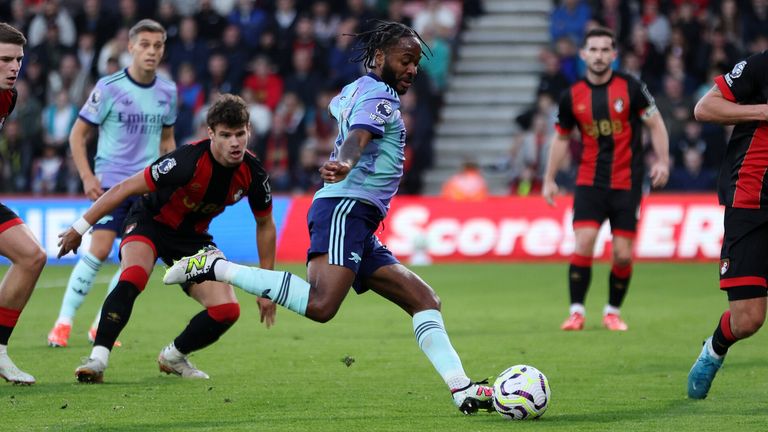 Raheem Sterling strikes a shot on goal against Bournemouth