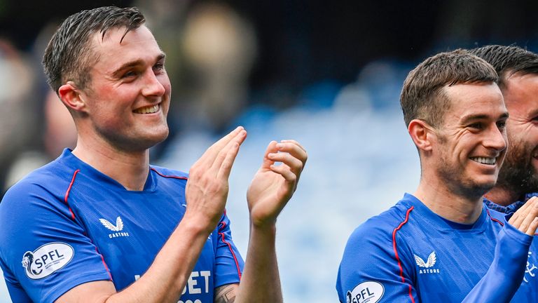 Rangers' John Souttar and Tom Lawrence and Kieran Dowell at full time during a William Hill Scottish Premiership match between Rangers and Hibernian at Ibrox Stadium, on September 29, 2024, in Glasgow, Scotland. (Photo by Rob Casey / SNS Group)