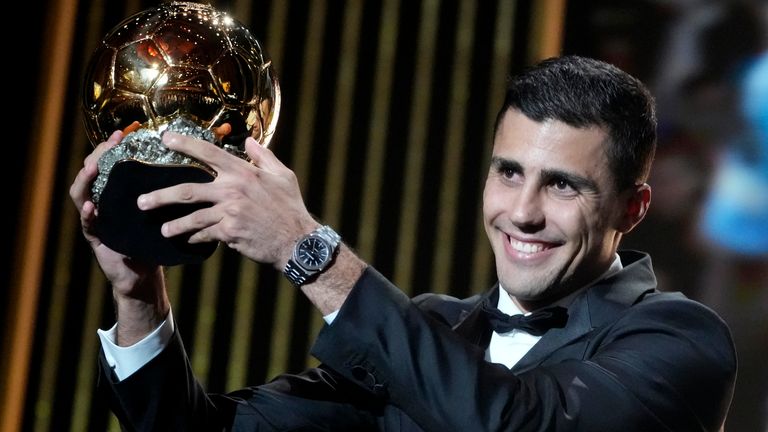 Rodri receives the 2024 Men's Ballon d'Or award during the 68th Ballon d'Or (Golden Ball) award ceremony